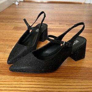 MENBUR Varuna Sparkly Black Low Sling Back Strapped Heels — Size 38 —US 7.5— NWT